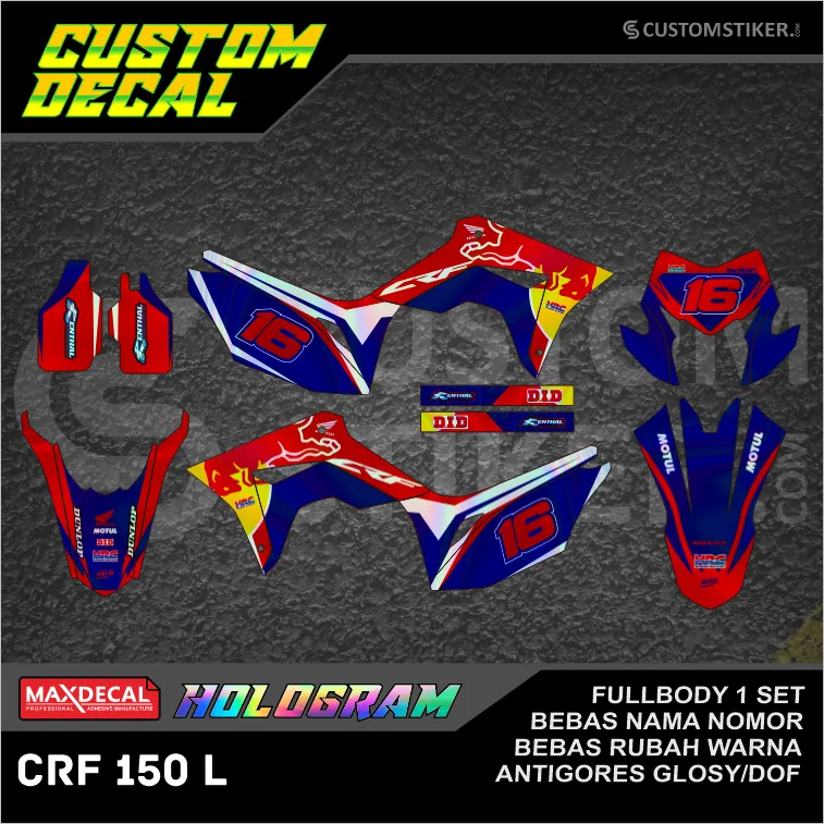 DECAL HOLOGRAM CRF 150 L (001) STIKER LIS HONDA KROM CROM CHROME PELANGI MERAH PUTIH BIRU REDBULL FULLBODY