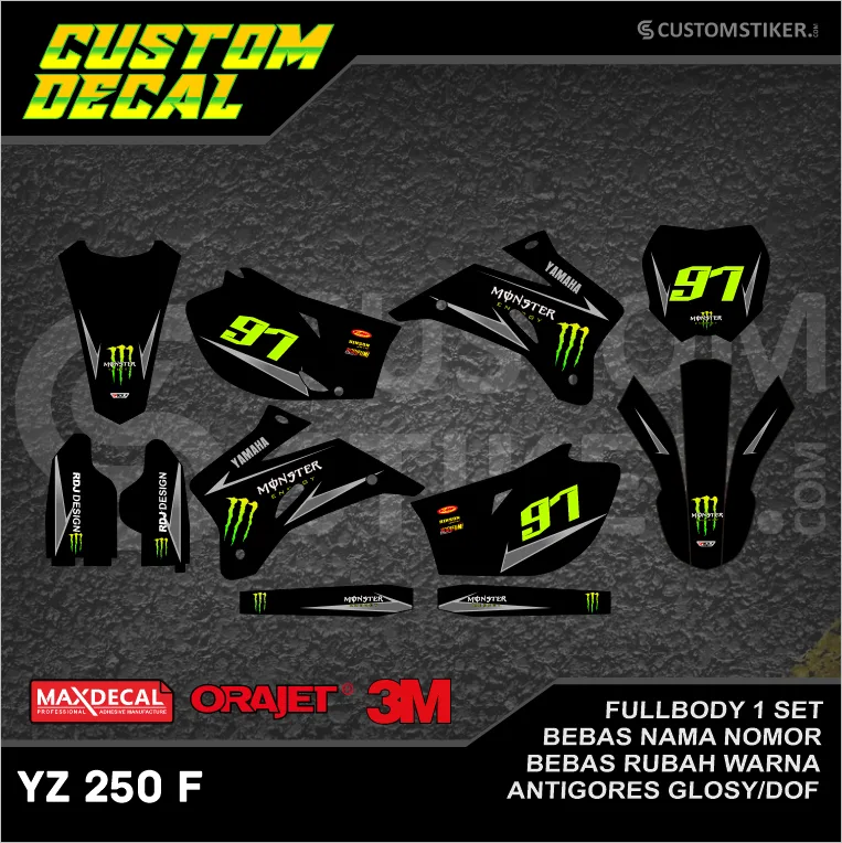 DECAL YZ 250 F 2006-2010 (004) STIKER LIS 450 250F 450F 2007 2008 2009 HITAM ABU MONSTER ENERGY FULLBODY