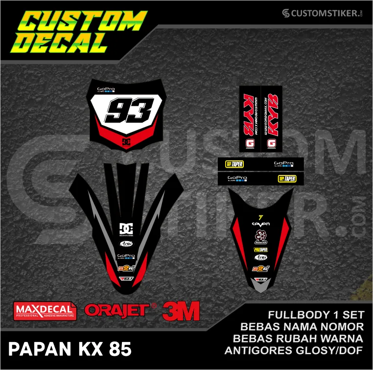 DECAL PAPAN KX 85 (002) STIKER LIS SPAKBOR DEPAN BELAKANG GTX 2014 2015 2016 2017 2018 2019 2020 2021 2022 HITAM MERAH ABU PUTIH FULLBODY