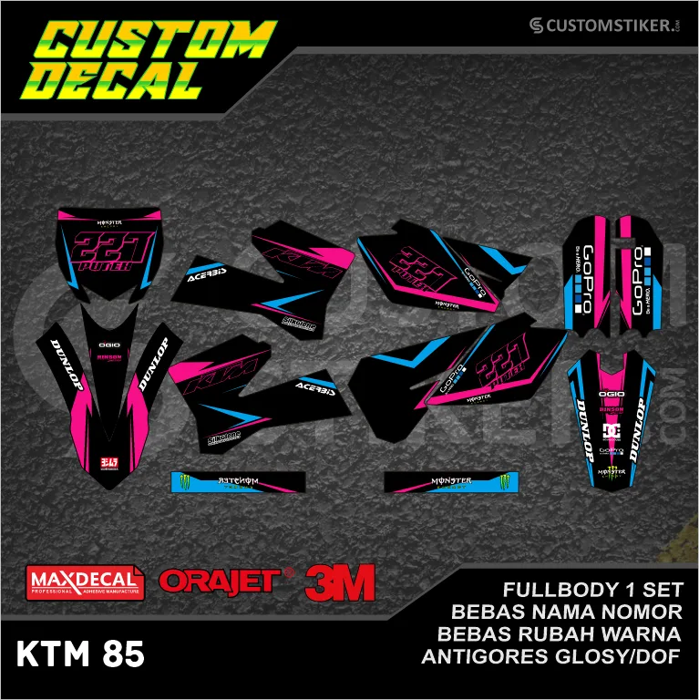 DECAL KTM 85 SX 2003-2013  (003) STIKER LIS SIXDAYS LAMA OLD 2004 2005 2006 2007 2008 2009 2010 2011 2012 MINITRAIL MINI TRAIL CROSS HITAM BIRU LAUT MUDA PINK FULLBODY