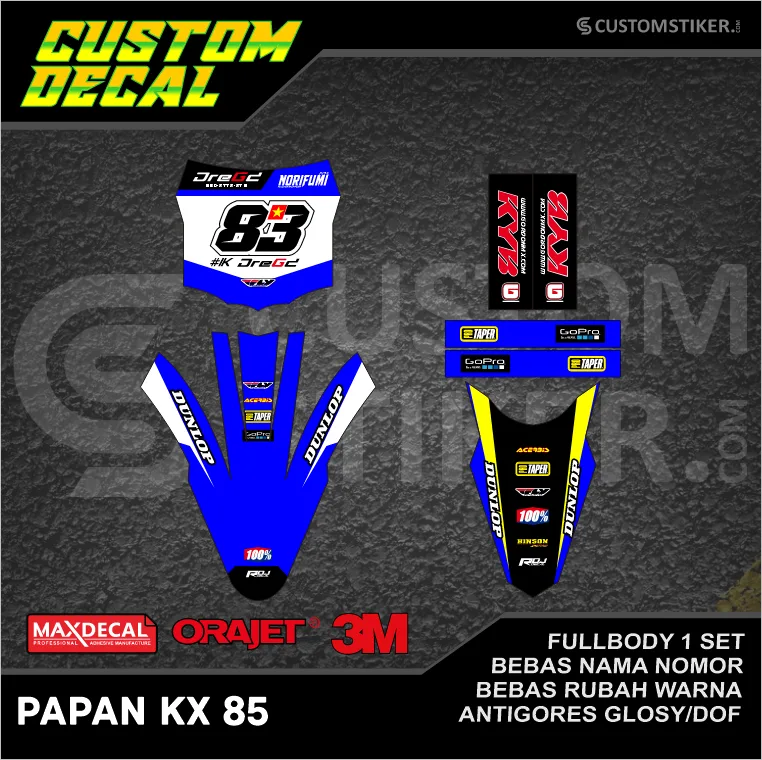 DECAL PAPAN KX 85 (005) STIKER LIS SPAKBOR DEPAN BELAKANG GTX 2014 2015 2016 2017 2018 2019 2020 2021 2022 HITAM BIRU KUNING PUTIH FULLBODY