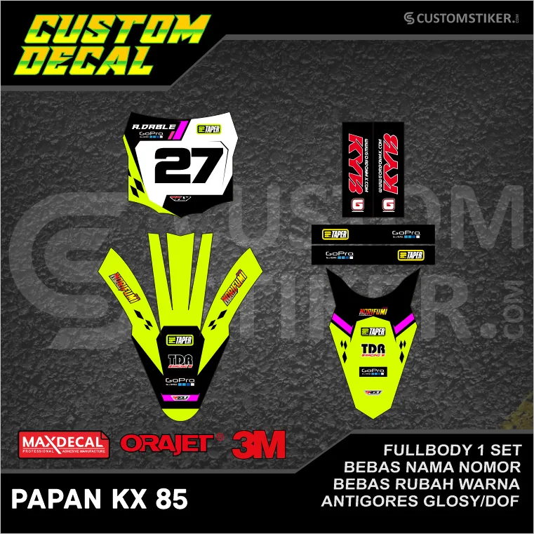DECAL PAPAN KX 85 (004) STIKER LIS SPAKBOR DEPAN BELAKANG GTX 2014 2015 2016 2017 2018 2019 2020 2021 2022 HITAM KUNING UNGU PUTIH FULLBODY